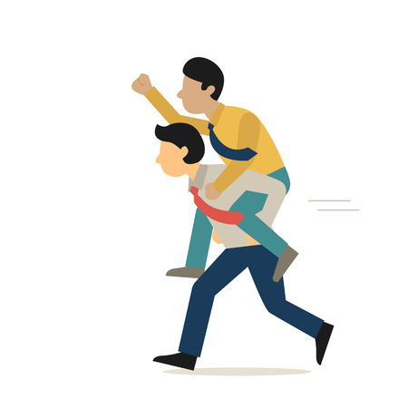 Businessman run forward with piggyback ride on his partner back, cartoon character flat design, isolated on white.のイラスト素材