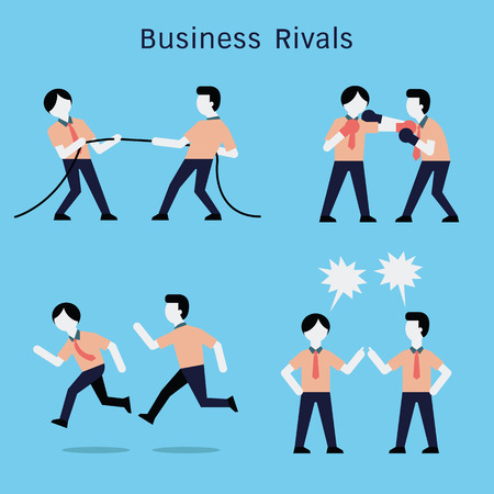 Vector character set of businessman in rivals business concept, tug of war competition, fighting with boxing gloves, running racing, and argumen converstion. Simple and flat design.のイラスト素材