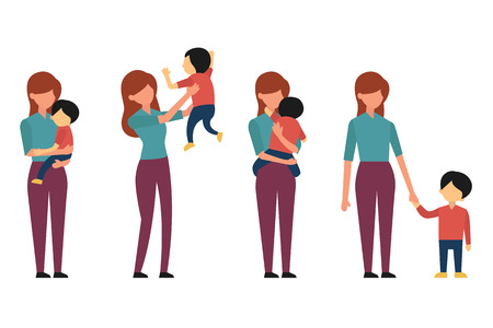Vector character set of mother and her kid, playing, hugging, rising child in the air, and walking together. Flat and simple design, full length.のイラスト素材