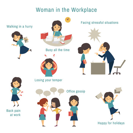 Infographics of office woman facing problems in the workplace, simple character of business woman with set of activities in daily problems.のイラスト素材