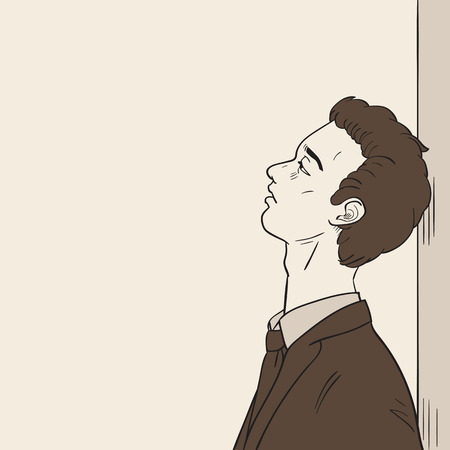 Young businessman lean against the wall, looking endless in blank space and feeling very downcast or downhearted. Vector illustration, ink sketching style.のイラスト素材