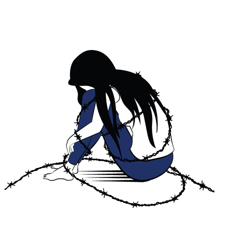 Vector illustration drawing in ink sketching style, lonely woman, sad and depression, sitting alone surround with barbed wired, presenting to woman being jailed or caged.のイラスト素材