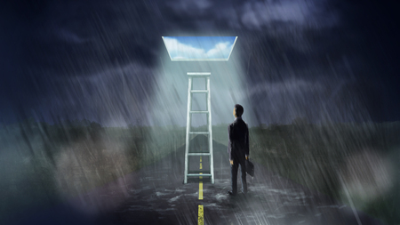 Illustration digital art painting, businessman walk alone in rainy and storming day, can find ladder that can step up to magic window, leading to brighter day, white cloud and blue sky, metaphor to shortcut to future or great opportunity. の写真素材