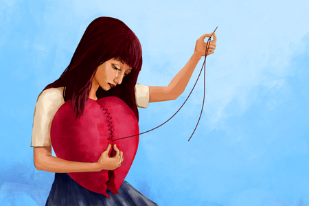 Illustration digital art painting, crying woman sewing broken heart shape, presenting to broken hearted woman try to mend her feeling. Blue background.