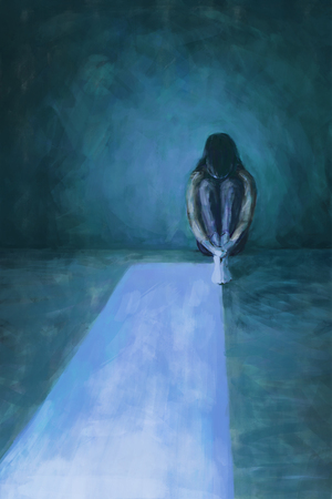 Digital painting illustration, oil or acrylic color brush style, woman sitting at night with emotion of lonely, upset, sad, depressed, crying in room with dramatic light from open door. Dark tone. の写真素材