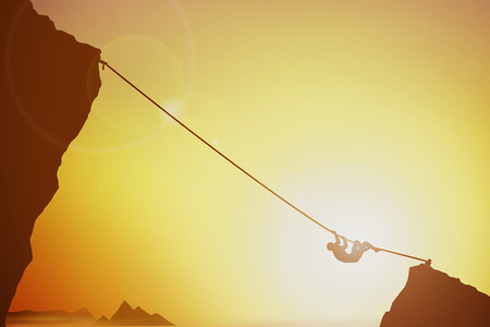 Illustration art digital painting, man extreme climbing to high mountain, silhouetted hot sunrise. Concept of adventure, bravery, strength, challenge, or dagerous.  Glow light and flare effect. の写真素材