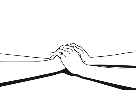 Lovers making clasping hands to share comfort feeling,  vector illustration ink drawing style, black and white. Seperated layer background, you can change color background easily.のイラスト素材