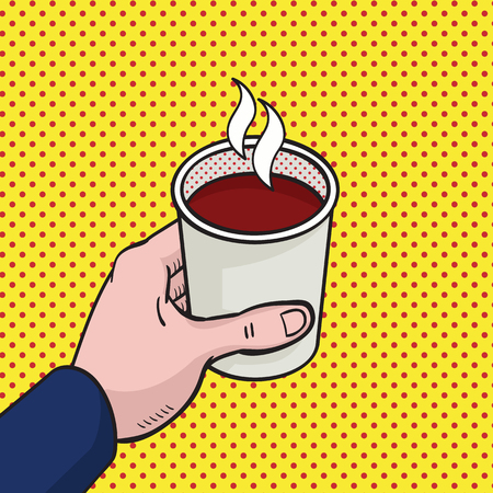 Illustration pop art style of hand holding cup of hot coffee.のイラスト素材