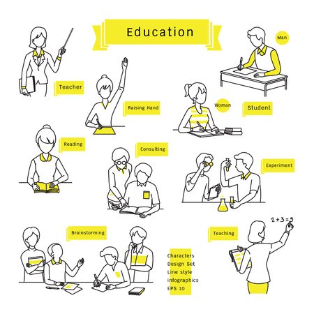 Character design set, line icons, drawing, sketching, education concept, students and teachers, man, woman, friends, various activities.のイラスト素材