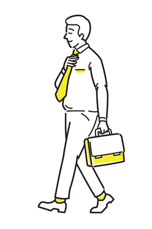 Full length of confident businessman, happy and smiling, walking forward, holding briefcase, go to work. Line draw sketch design, simple style.のイラスト素材