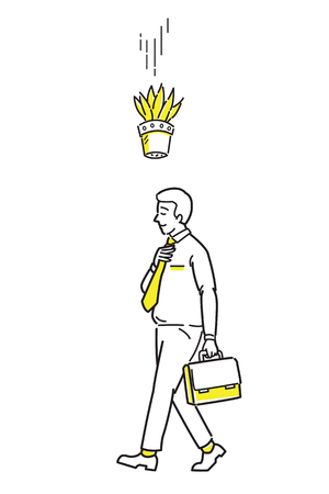 Businessman walking forward but the tree pot falling down to his head, metaphor to unexpected bad luck may happen. Line draw sketch design, simple style.のイラスト素材