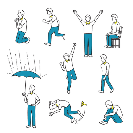 A vector illustration character of man in various actions or activities, walking, running, raising hands, sitting, jumping, happy, accident, slide on a banana leaf, sad, holding an umbrella, praying. Line, outline, sketch, draw, doodle style.のイラスト素材