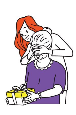 Beautiful young girl covering her mom'e eyes with both hands to surprise mother by giving special gift box. Vector illustration character, hand draw and sketch design, outline style.のイラスト素材