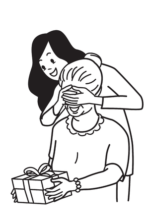 Beautiful young girl covering her mom'e eyes with both hands to surprise mother by giving special gift box. Vector illustration character, hand draw and sketch design, black and white outline style.のイラスト素材