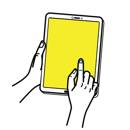 Vector illustration of hand holding tablet with figer pointing and touching at screen. Hand draw, line sketch design.のイラスト素材