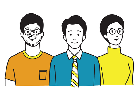 Vector illustration character of smiling young businesspeople, man and woman, as teamwork, partner, colleague, friends concept. Hand draw, sketch, doodle, cartoon style.のイラスト素材
