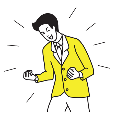 Character of suite man office worker, businessman, holding fists, celebrating, shouting, happy, excited, expressing happiness and success. Outline hand draw and sketch design, simple style.のイラスト素材