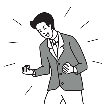Character of suite man office worker, businessman, holding fists, celebrating, shouting, happy, excited, expressing happiness and success. Outline hand draw and sketch design, simple style.のイラスト素材