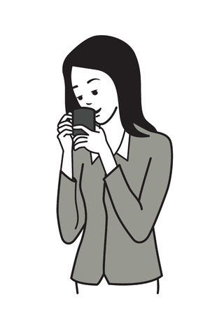 Female young office worker, businesswoman, drinking coffee. Outline or line sketch, hand draw illustration style, black and white tone.のイラスト素材