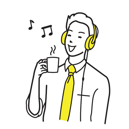 Happy businessman enjoy listening to music with headphone and drinking coffee in his break time from work.のイラスト素材