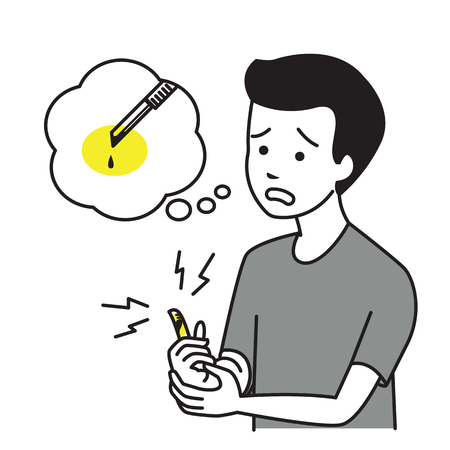 Boy get hurt and injury because knife blade cut and wound his finger till bleeding. Outline hand drawing style vector illustration.のイラスト素材