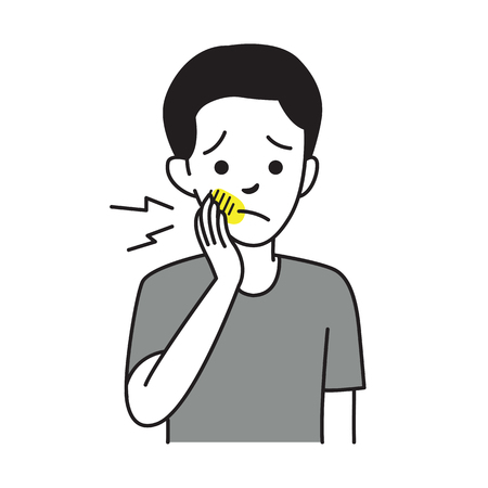 Kid, little boy, get pain at toothache. Vector illustration character, outline hand draw style, sketching, doodle, cartoon design.のイラスト素材