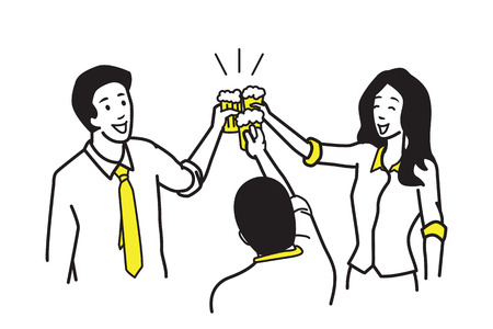 Three of businessman and businesswoman, office workers, holding glasses of beer, to celebrate in concept of happy, special occasion, weekend, cheerful party, success. Outline, linear, hand drawing style. Simple design. のイラスト素材