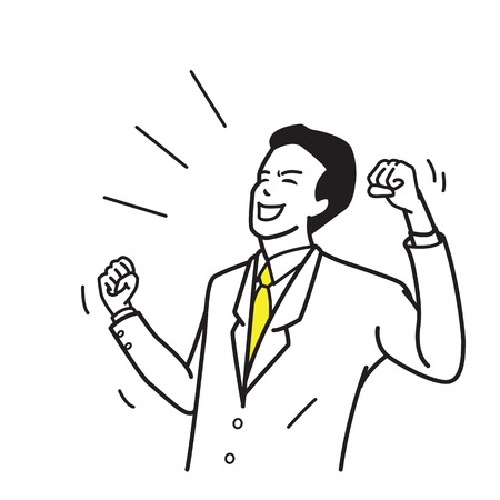 Character of office worker, businessman, suite man, holding fists, celebrating, shouting, happy, excited, winning in success. Outline hand draw, sketch design, simple style.のイラスト素材
