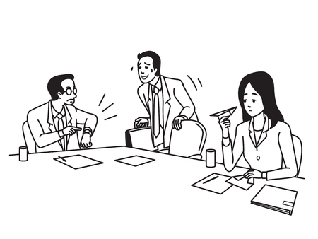 Businessman, office worker, has come meeting late as manager and coworker waiting. Business concept in being late habit in job. Outline hand draw sketch style, simple black and white design.のイラスト素材