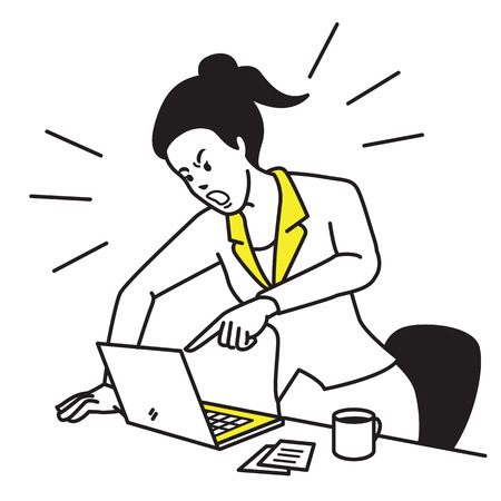 Vector illustration of frustrated and furious businesswoman shouting and screaming screen laptop on his working desk. Outline hand draw sketching design, simple style.のイラスト素材