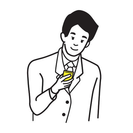 Smiling and happy businessman, suitman, holding and using smartphone, business concept of social media, modern communication. Outline, line, linear, hand draw sketching design, simple style.のイラスト素材