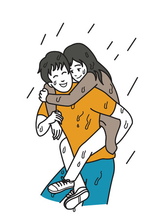Man carry his girlfriend on his back among rainy day, cartoon illustration of relationship concept in always supporting and helping in any bad day or situation. Outline hand draw sketching design, simple style.のイラスト素材