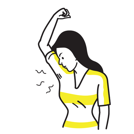 Vector illustration character of woman sniffing and smelling her bad smell wet armpit. Bad feeling facial emotion expression. Outline hand draw sketching simple style.