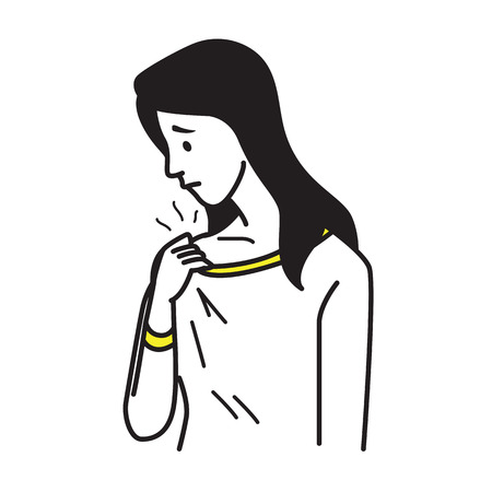 Vector illustration portrait of woman holding t-shirt, and smell somethink stinks, sniffs herself. Healthcare concept in hygiene of body and clothes. Outline hand draw sketching design, simple style.のイラスト素材