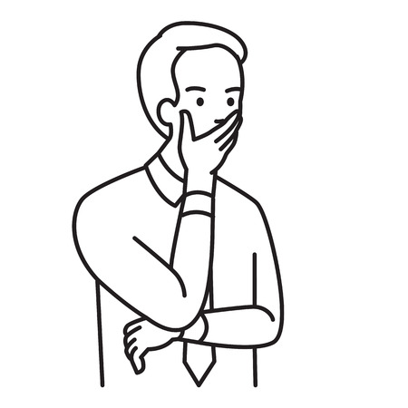 Businessman covering mouth with hand, and serious looking. Vector illustration portrait chacter, outline hand draw sketch design, simple style.のイラスト素材