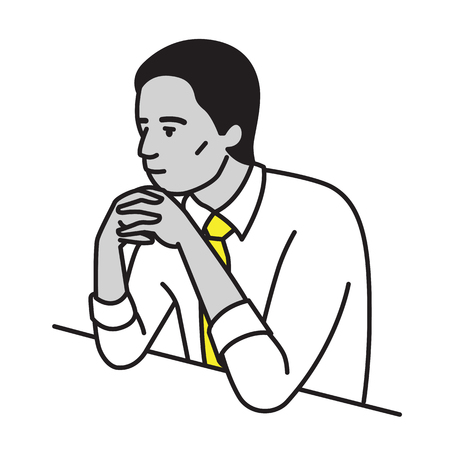 Businessman, african ethnic, sitting table, clenched hands on his chin with serious, worried, stressed expression. Outline, contour, line hand draw sketch design, simple style.のイラスト素材