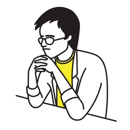 Freelance man sitting table, clenched hands on his chin with serious, worried, stressed expression. Outline, contour, line hand draw sketch design, simple style.のイラスト素材