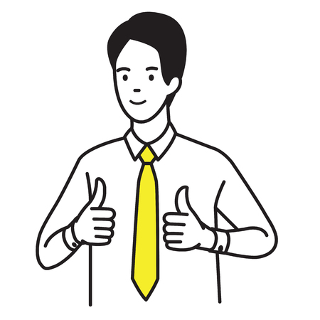 Vector illustration portrait of businessman showing two thumb up gesturing in very good hand sign, concept in satisfy, approval, or well done expression. Outline hand draw sketching design, simple style.のイラスト素材