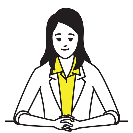 Businesswoman sitting table, clenched hands with smiling. Outline, contour, line hand draw sketch design, simple style.のイラスト素材