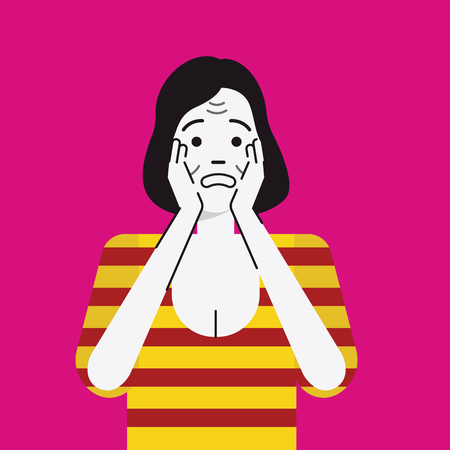 Vector illustration portrait character of senior or retired woman, cover her face with two hands, feeling serious and worried facial expression, menoplause period concept. Flat design with linear style.のイラスト素材