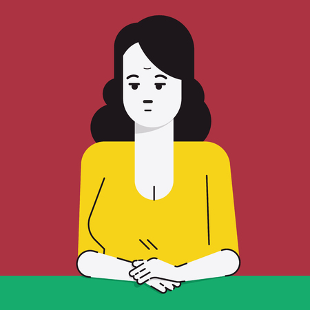 Vector illustration character portrait of adult woman, sitting alone, hands on table, thoughtful, depressed emotion. Flat design with linear style.のイラスト素材