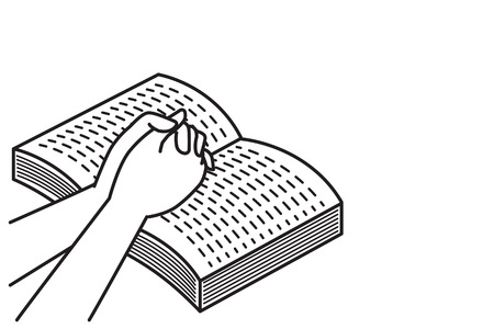 Hands holding, praying on open Bible book. Vector illustration, outline, line art, linear, hand drawn sketch design, simple black and white style.のイラスト素材