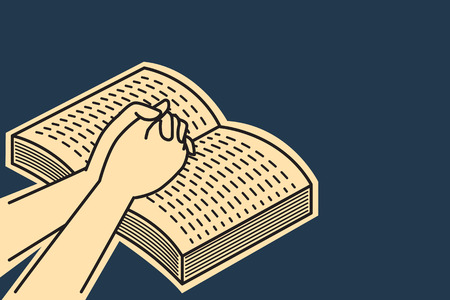 Hands holding, praying on open Bible book. Vector illustration, outline, line art, linear, hand drawn sketch design, vintage color.のイラスト素材