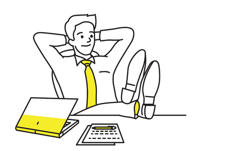 Vector illustration character of businessman leaning over his chair, relaxing on his desk, put shoes on table,  dreaming of something, or thoughtful moment. Outline, hand drawn sketch, line art, simple style.のイラスト素材