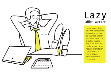 Lazy businessman, office worker, sleeping at workplace by putting shoes on table in comfortable gesture. Outline, contour, line art, hand drawn, sketch design, simple style.のイラスト素材