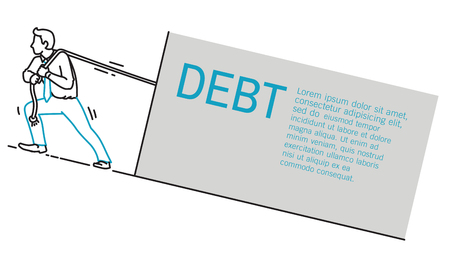 Businessman trying hard to pulling rope to drag heavy task with text debt. Outline, hand drawn sketch, line art, linear, cartoon, doodle, simple style.のイラスト素材