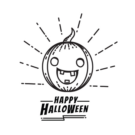 Cute pumpkins Halloween Holiday season logo, line art, thin line, linear, hand drawn sketch, contour, doodle, cartoon, funny, humor, vintage style, black and white.のイラスト素材