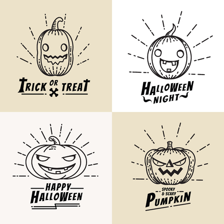 Pumpkins Halloween Holiday season logo set, line art, thin line, linear, hand drawn sketch, contour, doodle, cartoon, funny, humor, vintage style. Various text, seperated layer and logo, easy to use and edited, black and white style.のイラスト素材