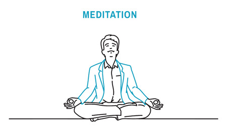 Businessman sitting closed eyes, crossed legs, relaxation gesture, making meditation. Outline, thin art line, doodle, hand drawn, sketch, cartoon, character, simple style.のイラスト素材