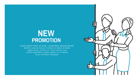 Businesspeople, man and woman as team work, pointing at blank advertisement board and giving thumb up, copyspace and sample text. Outline, thin art line, contour, doodle, hand drawn sketch, cartoon design, simple style.のイラスト素材